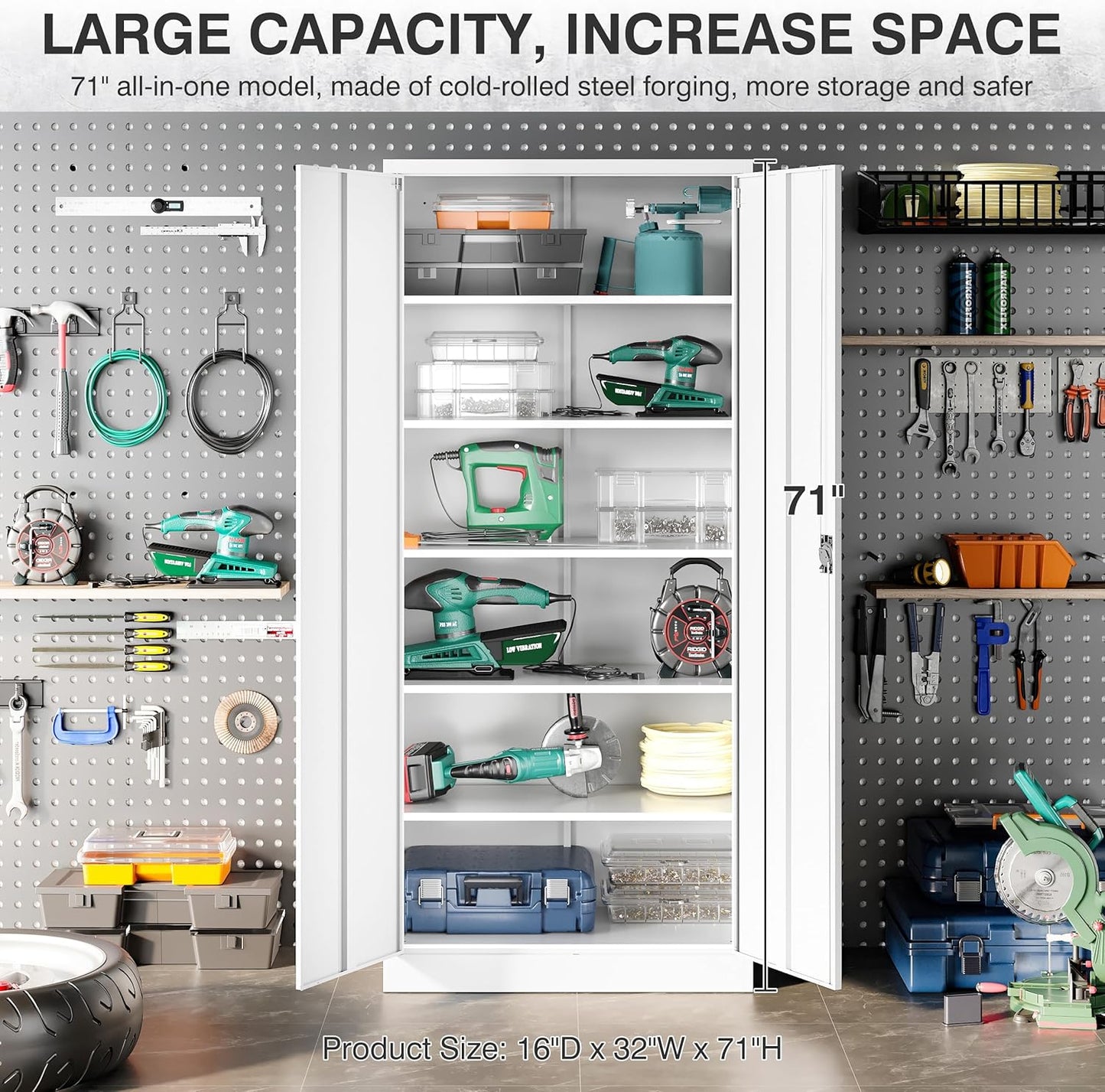 Wide & Deep Metal Storage Storage Cabinet with 5 Adjustable Shelves,White Metal Cabinet with Lock,Steel Pantry Cabinets,72" Lockable Cabinets for Home,Office,Garage,Kitchen,Shop