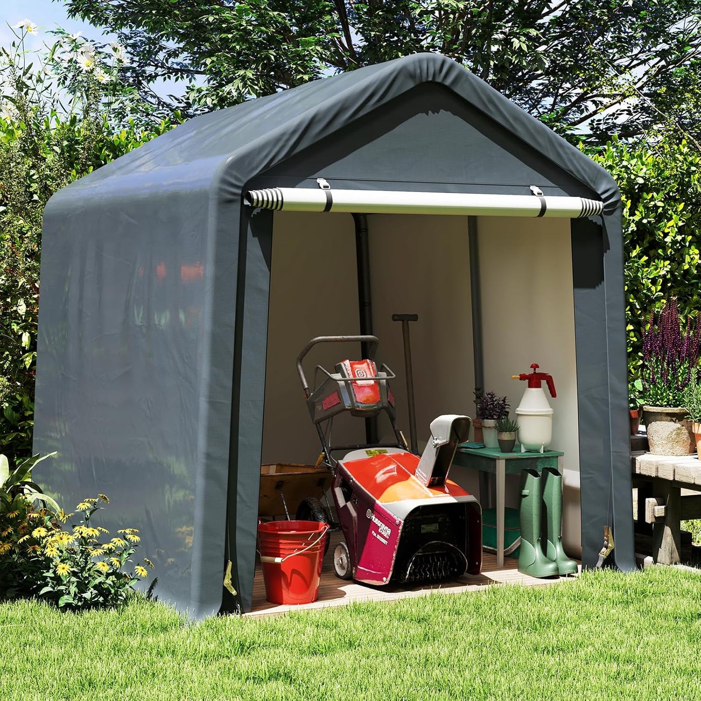 Tangkula 8x6.5Ft Portable Shed, Outdoor Storage Shelter with Waterproof Cover & Roll-up Zipper Door, Ratchet Strap, Heavy Duty Portable Storage Tents for Outside, Bikes, Garden Tools, Motorcycles