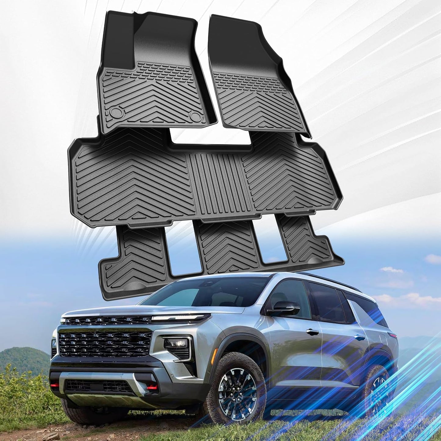 Car Floor Mats for Chevrolet Chevy Traverse 2018-2024 2025 Accessories,TPE All Weather Protection Floor Mats,Only 7 Seaters Custom Fit 3 Rows Car Floor Liners Set,Heavy Duty Accessories,Black