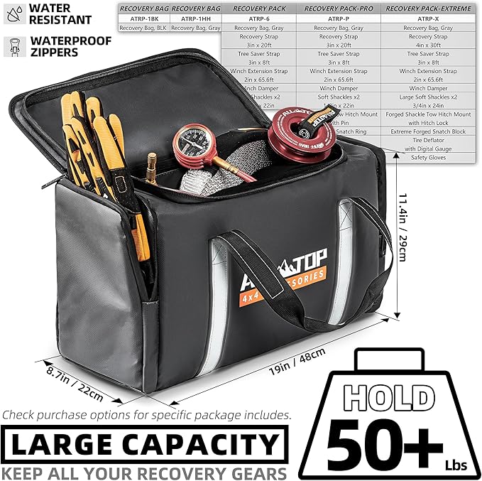 ALL-TOP Recovery Pack Bag, Water-Resist Tool Organizer for Offroad Gear & Overland Equipment, Standing Zippered Waterproof Storage Tote, Black Empty
