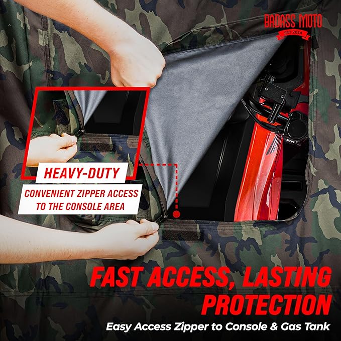 Badass Moto Camo ATV Covers Waterproof Outdoor Heavy Duty, Rip-Resistant, Night-Reflective Quad Cover w/Advanced Waterproofing, Easy-Access Zipper and Vents Four Wheeler Accessories - Camo Large 95"