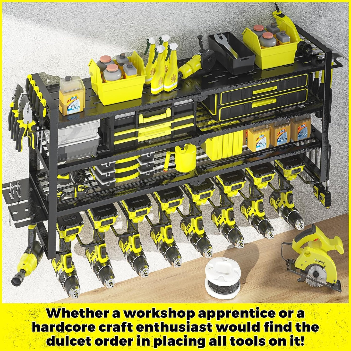 KAFAHOM Power Tool Organizer-8 Drill Holder Wall Mount，Tool Organizer and Storage rack for Garage Organization， Heavy Duty Metal Tool Shelf with Air tool/Screwdriver/Hammer/Plier Holder