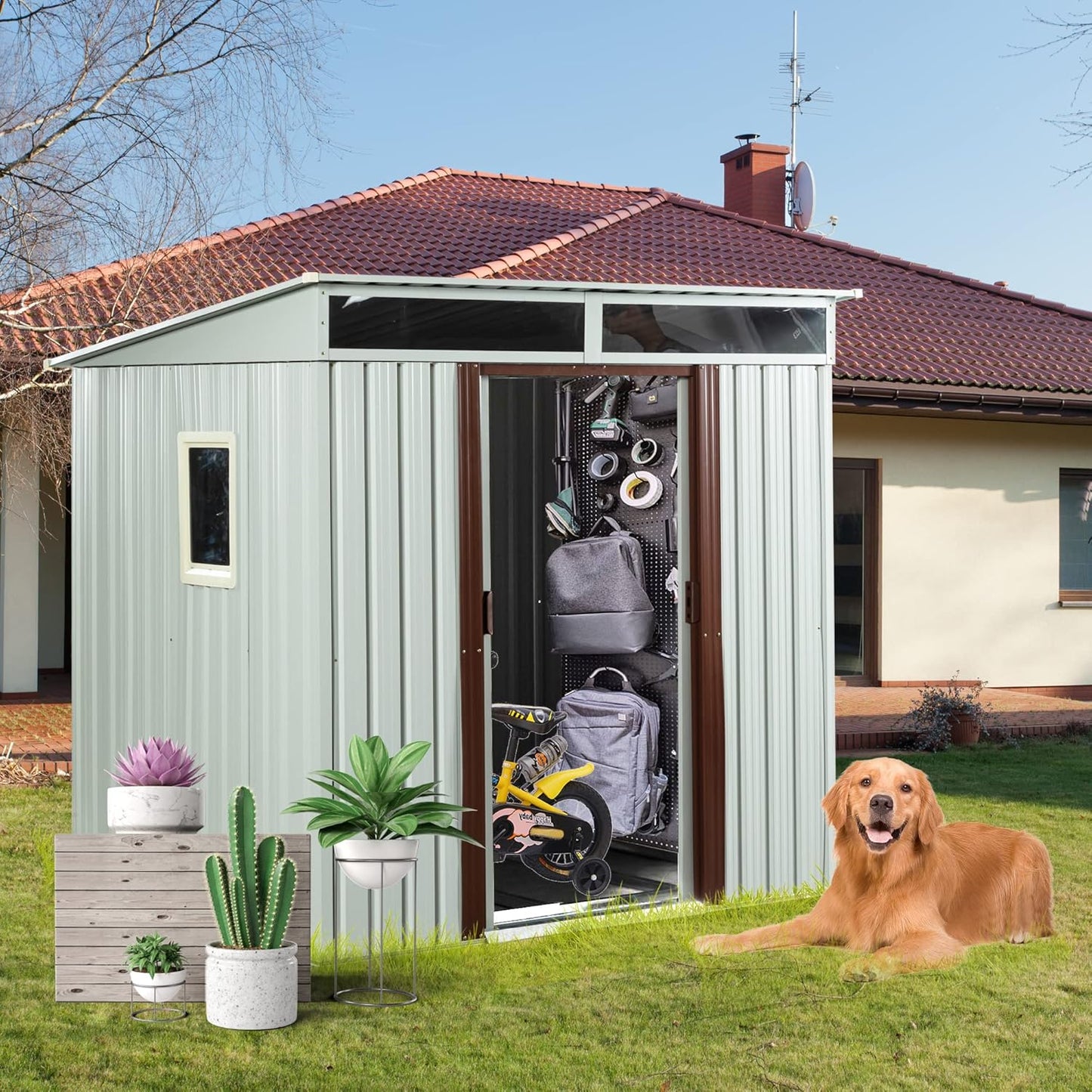 6×5 FT Outdoor Galvanized Metal Storage Shed Large Garden Sheds W/Sliding Doors and Padlock,Rust and Waterproof,with Window and Punched Vents,Tool-Sheds for Backyard,Lawn,White