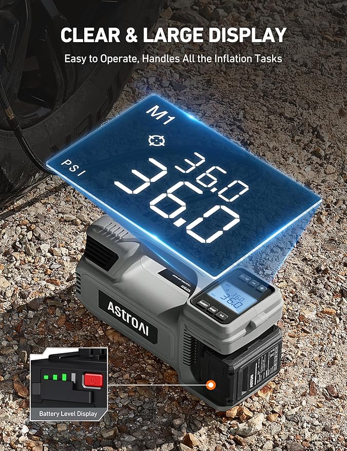 AstroAI TC4 Portable Air Compressor Tire Inflator, 470W 18V Cordless Air Pump for Truck Tires with 4000mAh Battery, 150PSI Heavy Duty Air Compressor with Digital Display for Car, RVs, SUV Gift Gray
