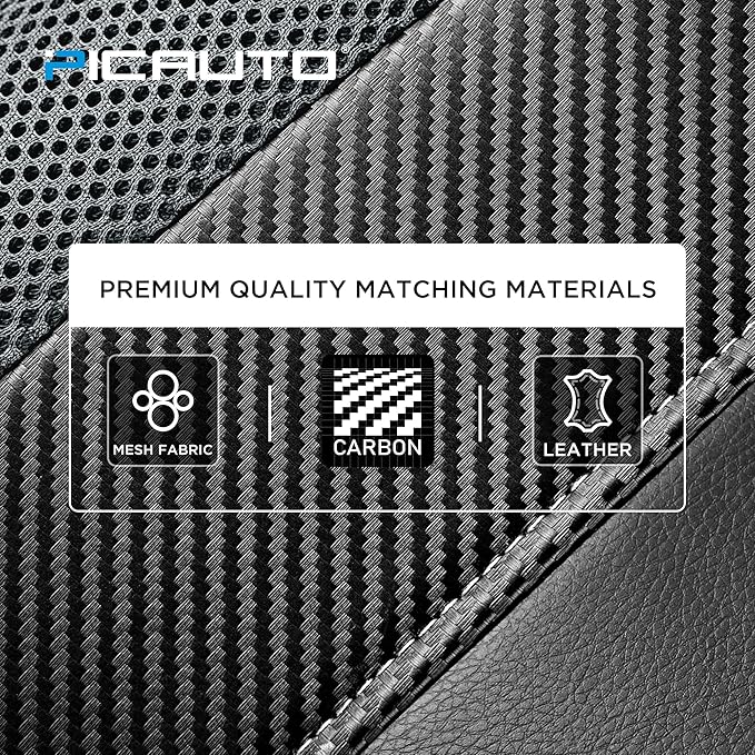 PIC AUTO Leather Car Seat Covers, Sports Carbon Fiber & Mesh Design, High-Back Two Front Set, Waterproof Automotive Seat Covers, Airbag Compatible, Universal Fit for Most Cars (Black & Gray)