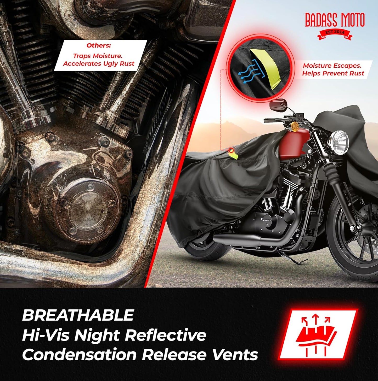 Badass Moto Ultimate Motorcycle Cover Waterproof Outdoor Heavy Duty Fits Harley Davidson Sportster Cover Durable Rain Sun Weather Shelter For Triumph, Fat Bob, Indian Scout, Sport Bike, Medium Cruiser