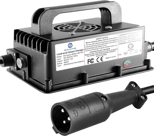 800W Lead Acid Battery Charger 48 Volt 15 AMP 3-Pin Round Plug Club Car Golf Carts