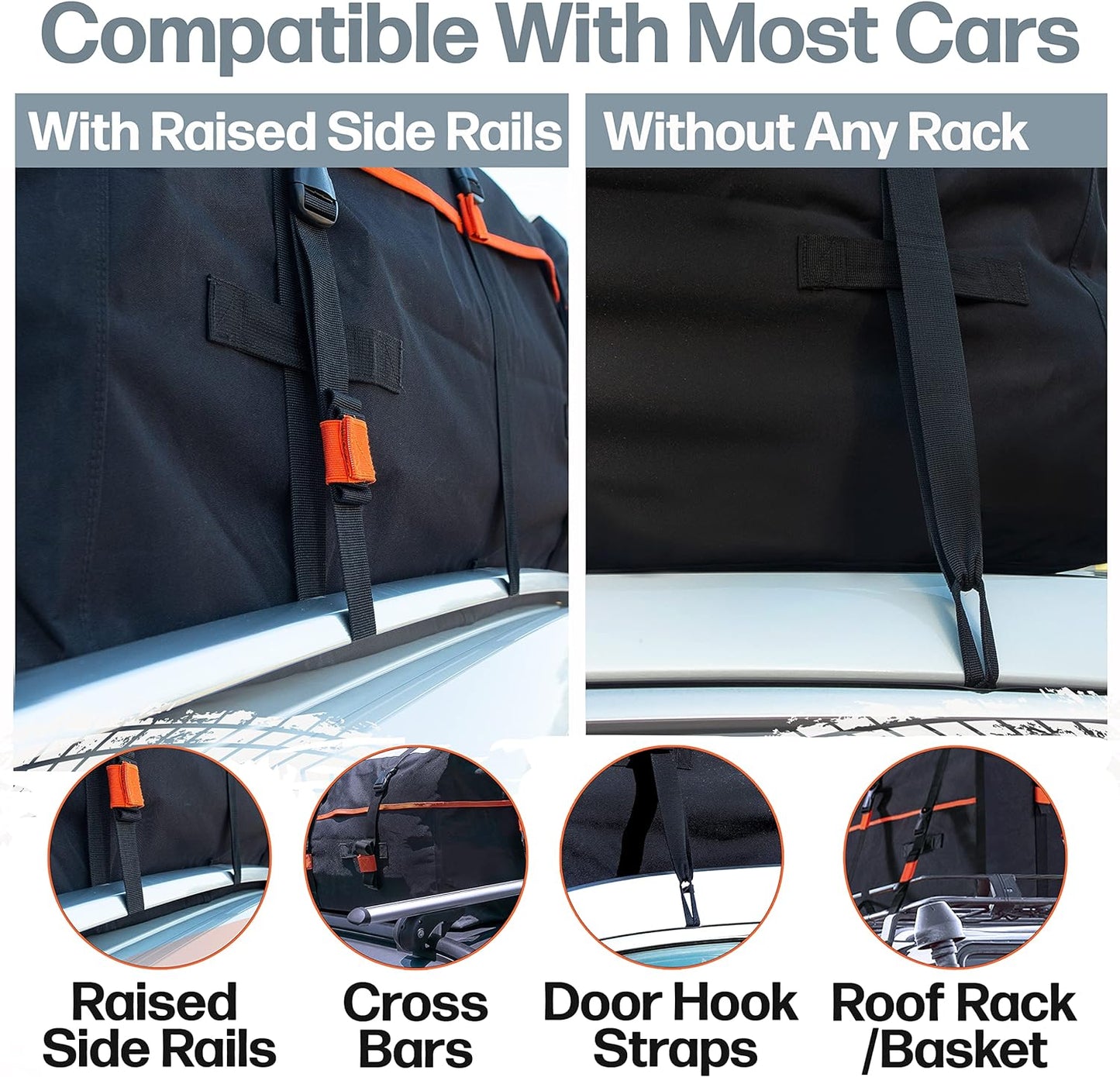 RoofPax Car Rooftop Cargo Carrier Bag Waterproof Storage - Including Double Zippers15 cft. with Heavy-Duty Tie-Down Straps fit Cars with/Without Roof Top Rack or Side Rails.