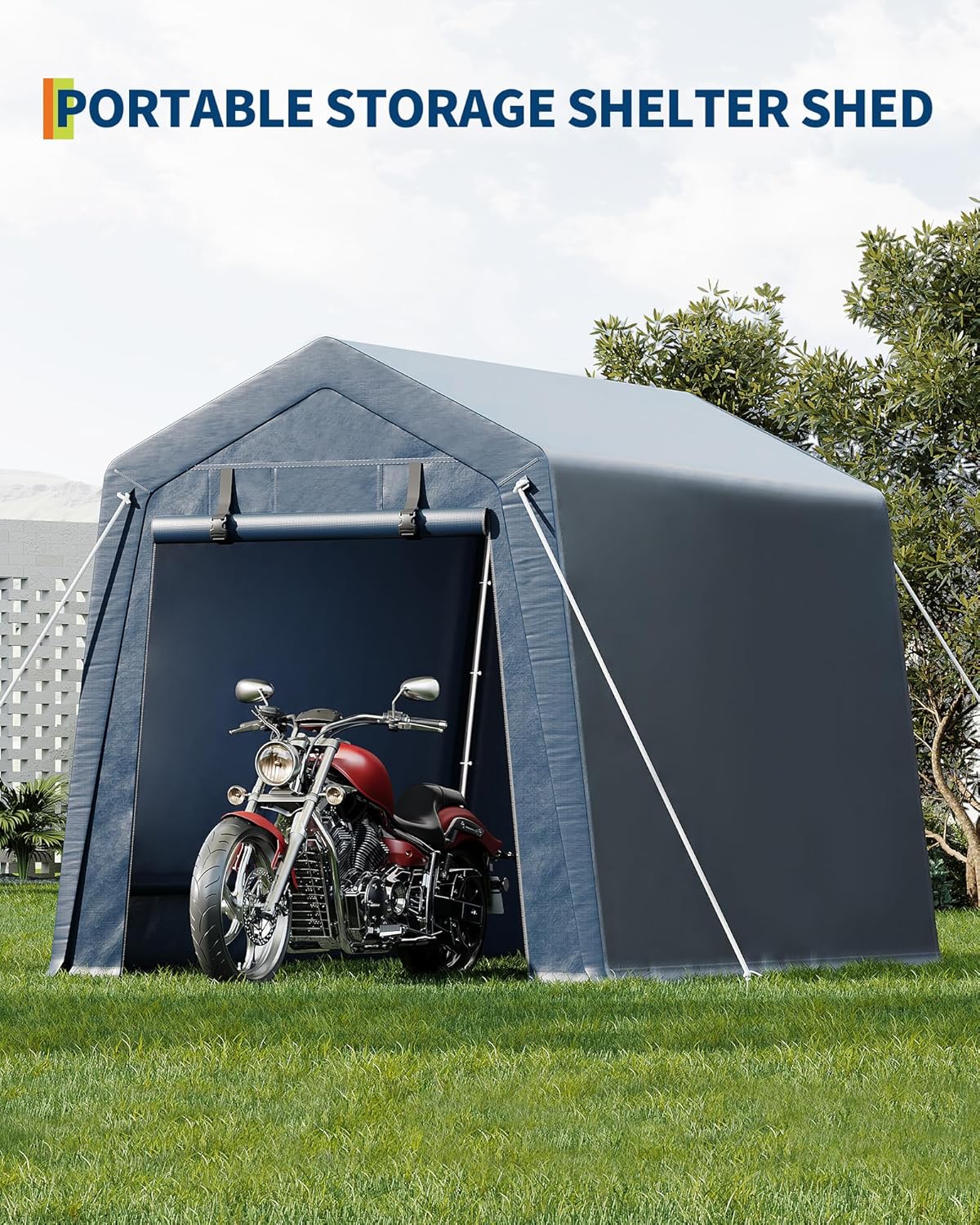 6x6 FT Outdoor Storage Shed, Portable Carport with Roll-up Ventilated Zipper Door and Windows, Heavy Duty Waterproof Tarp, Storage Sheds for Motorcycle, Bike, Firewood, Garden Tools