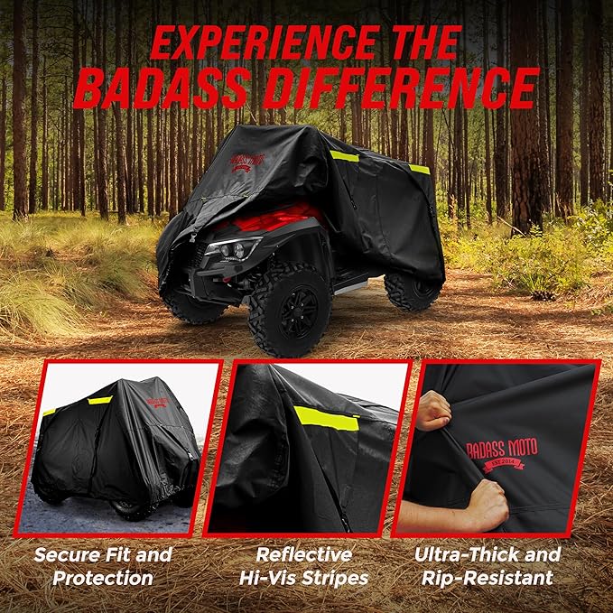 Badass Moto ATV Covers Waterproof Outdoor Heavy Duty - Rip-Resistant ATV Cover with Easy Access Zipper - Durable and Versatile Four Wheeler Accessories for Quad and Powersport Vehicles, Small (75")