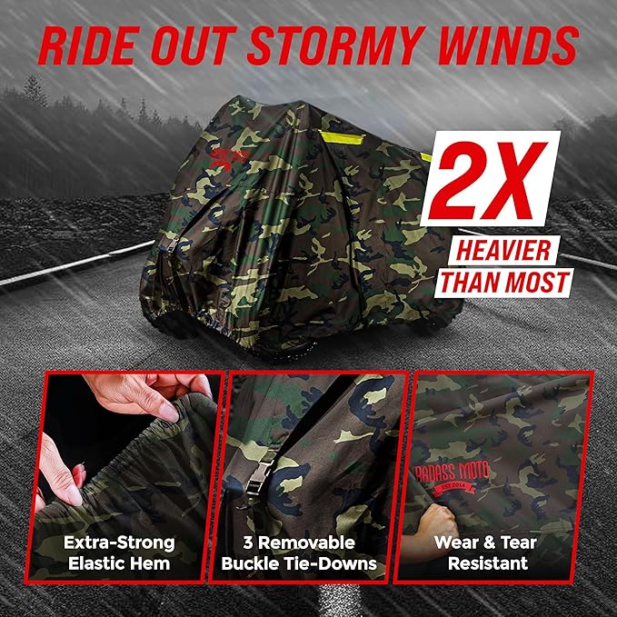 Badass Moto ATV Covers - Waterproof Heavy Duty, 4 Wheeler Quad Cover - Rip-Resistant, Night-Reflective - Camo Large 95" Long
