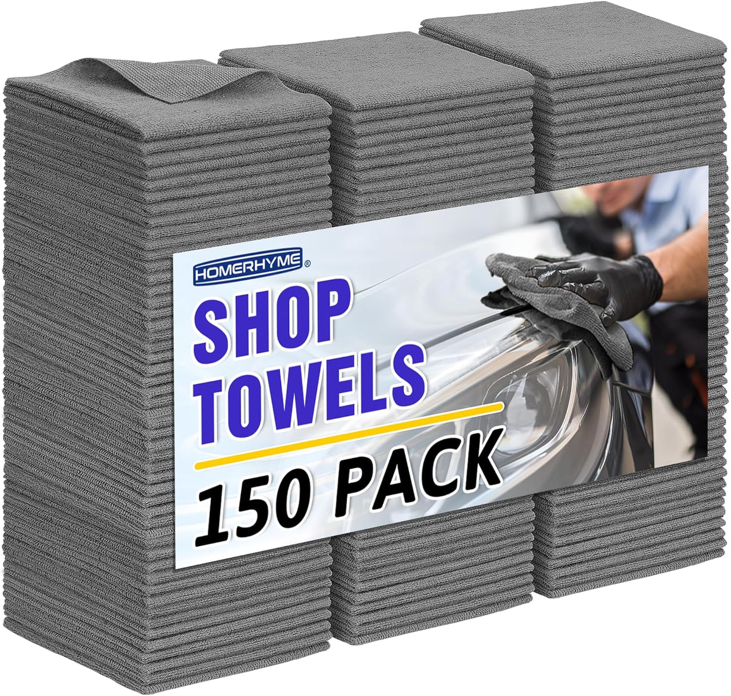 HOMERHYME Microfiber Cleaning Cloth,150 Pack Grey Cleaning Rags, Bulk All-Purpose Lint-Free Shop Towels Wipes, Commercial Micro Fiber Cleaning Towels Washcloth for Car Garage Housekeeping 11.5"*11.5"