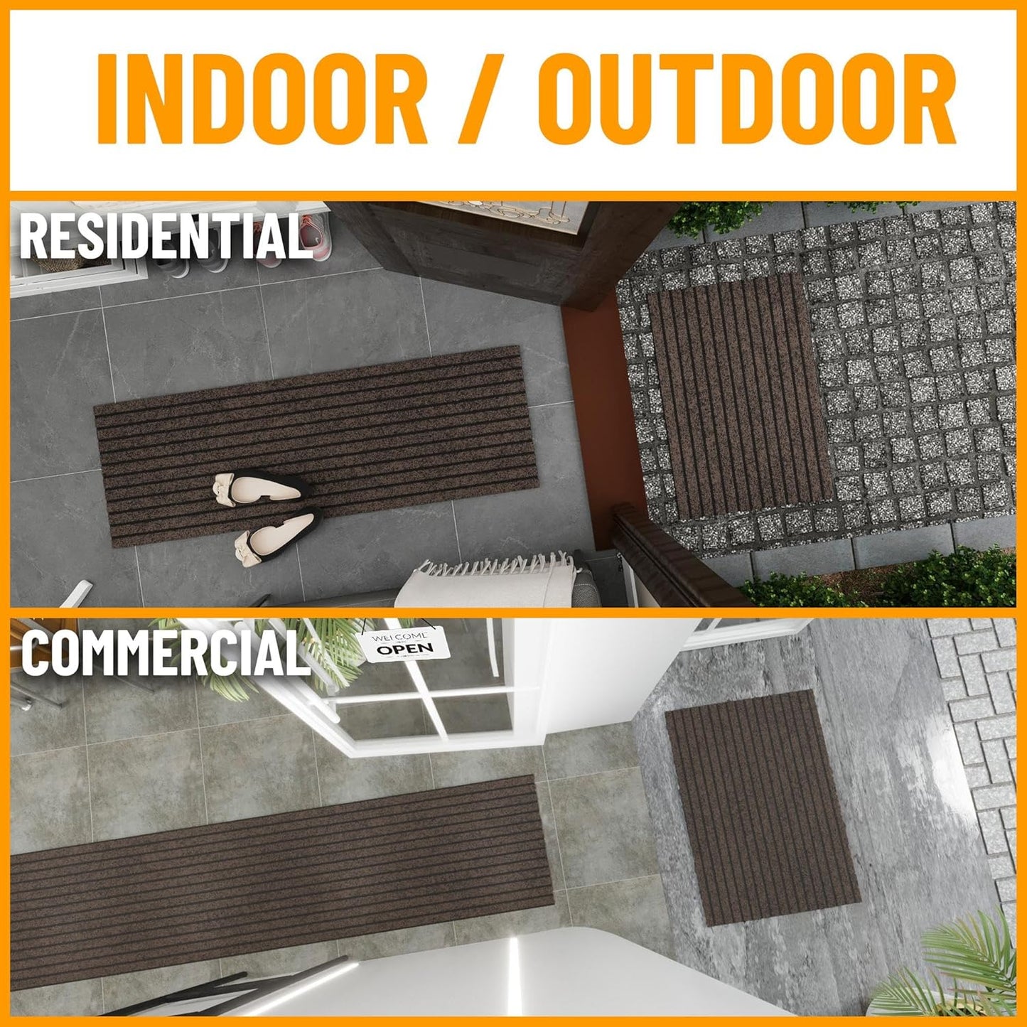 Ottomanson 2'7" x 16' Hallway Runner with Scraper Pile - Extra Durable Non-Slip Rug Mat for Indoor & Outdoor Use - Ideal for Kitchen, Entryway & Garage - High-Traffic Carpet, Brown