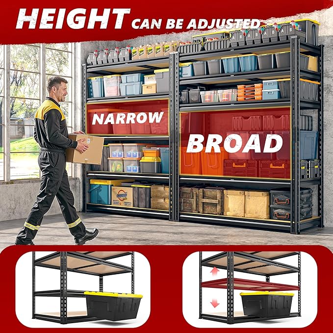 REIBII 2020LBS Storage Shelves 5 Tier Garage Shelving Heavy Duty Adjustable Garage Shelves, Utility Rack Shelf, Shelving Units for Storage Warehouse Pantry Closet, 35.5" W x 11.9" D x 72" H, Black