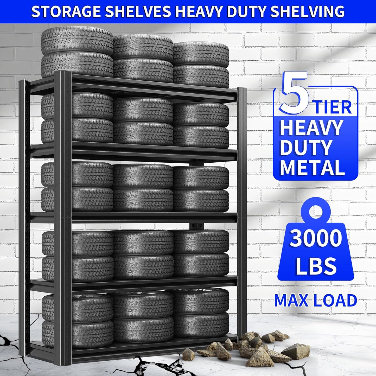 72" H Metal Storage Shelving, 2500LBS Heavy Duty Shelves Unit, Adjustable 5 Tier Storage Rack, Industrial Utility Shelf for Garage, Warehouse, Bedroom, Kitchen,16" D×36“W×72”H, Black