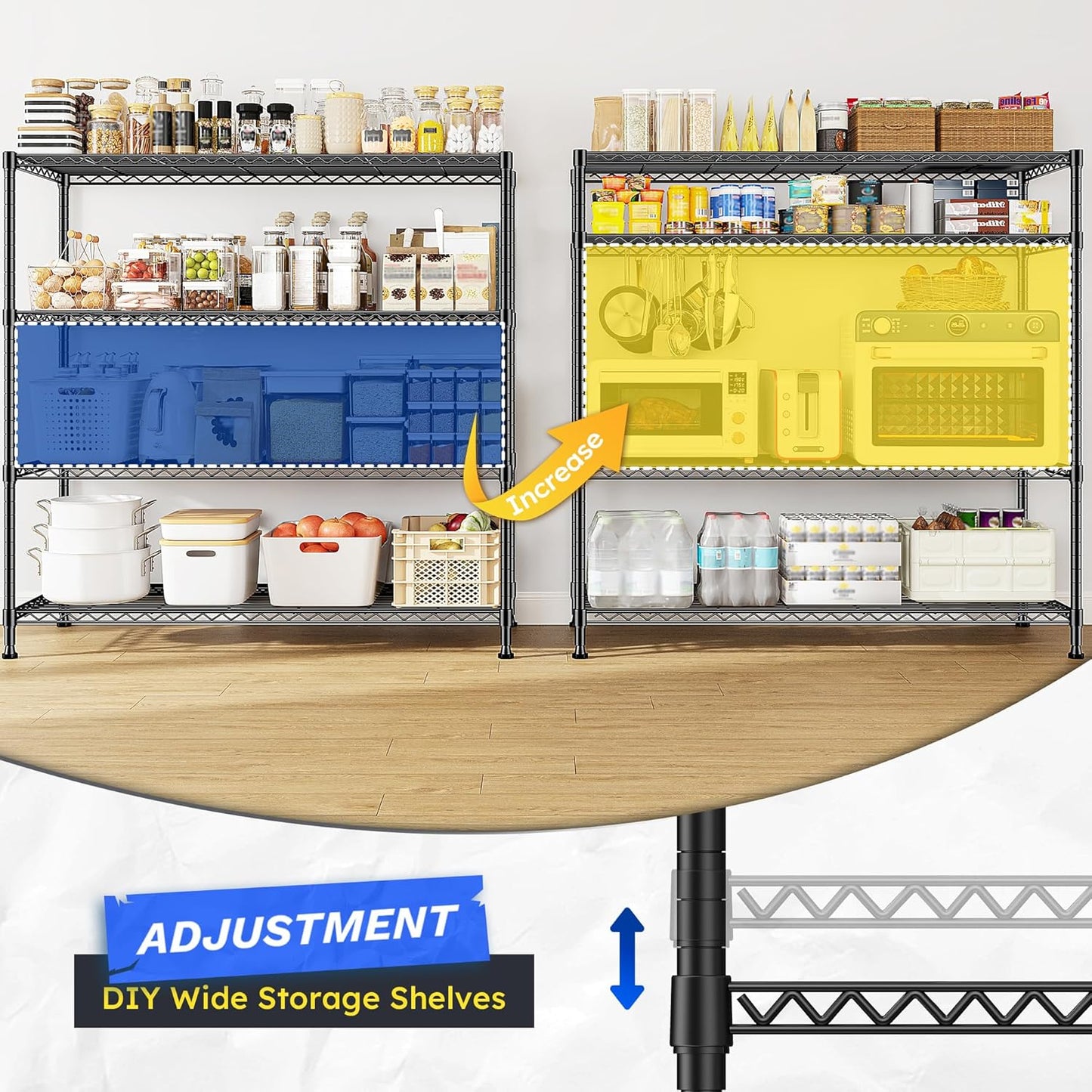 45 "W Metal Shelving Unit 4 Tier Storage Shelves Adjustable Wire Shelving Metal Shelf Pantry Shelves Wire Rack Commercial Shelving for Kitchen Pantry Utility Room Garage 45 "W x 59.4 "Hx 13.5" D Black