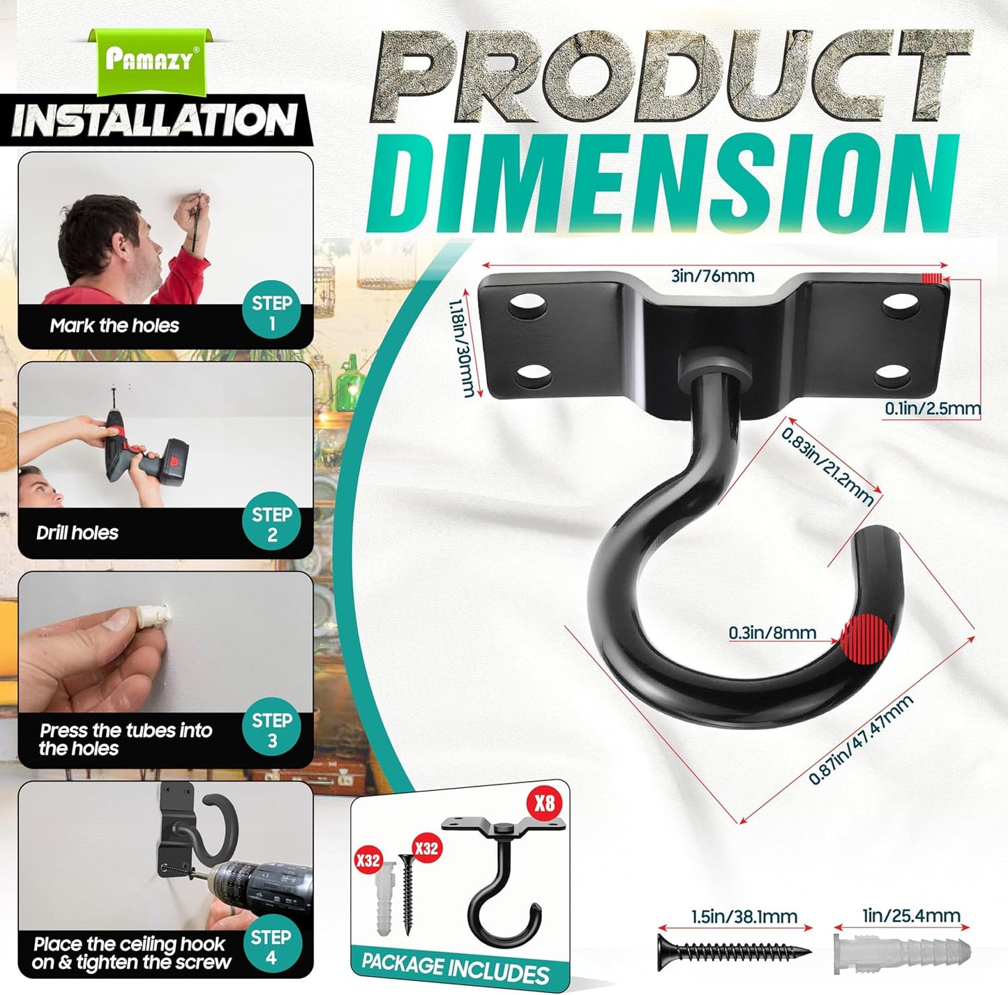 [Upgraded] 8Pcs 200LBS Rotatable Ceiling Hooks with 4 Screw Points Plate Base, Black Wall Mount Metal Hanger for Hanging Plants, Bird Feeders, Lanterns, Lights, Wind Chimes, Indoor Outdoor Decor