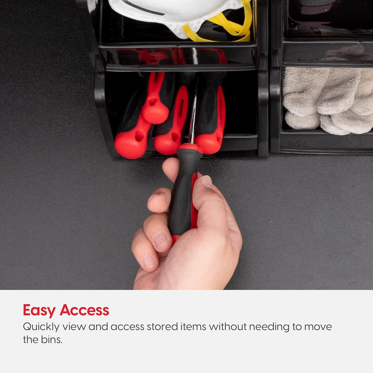 IRIS USA Plastic Shelf Bins Stackable Open Front Storage Bins Plastic Hanging Organizer Bin Caddy Basket for Hardware Crafts, Small Parts, Nuts and Bolts, Tool Storage - Medium Black 8 Pack