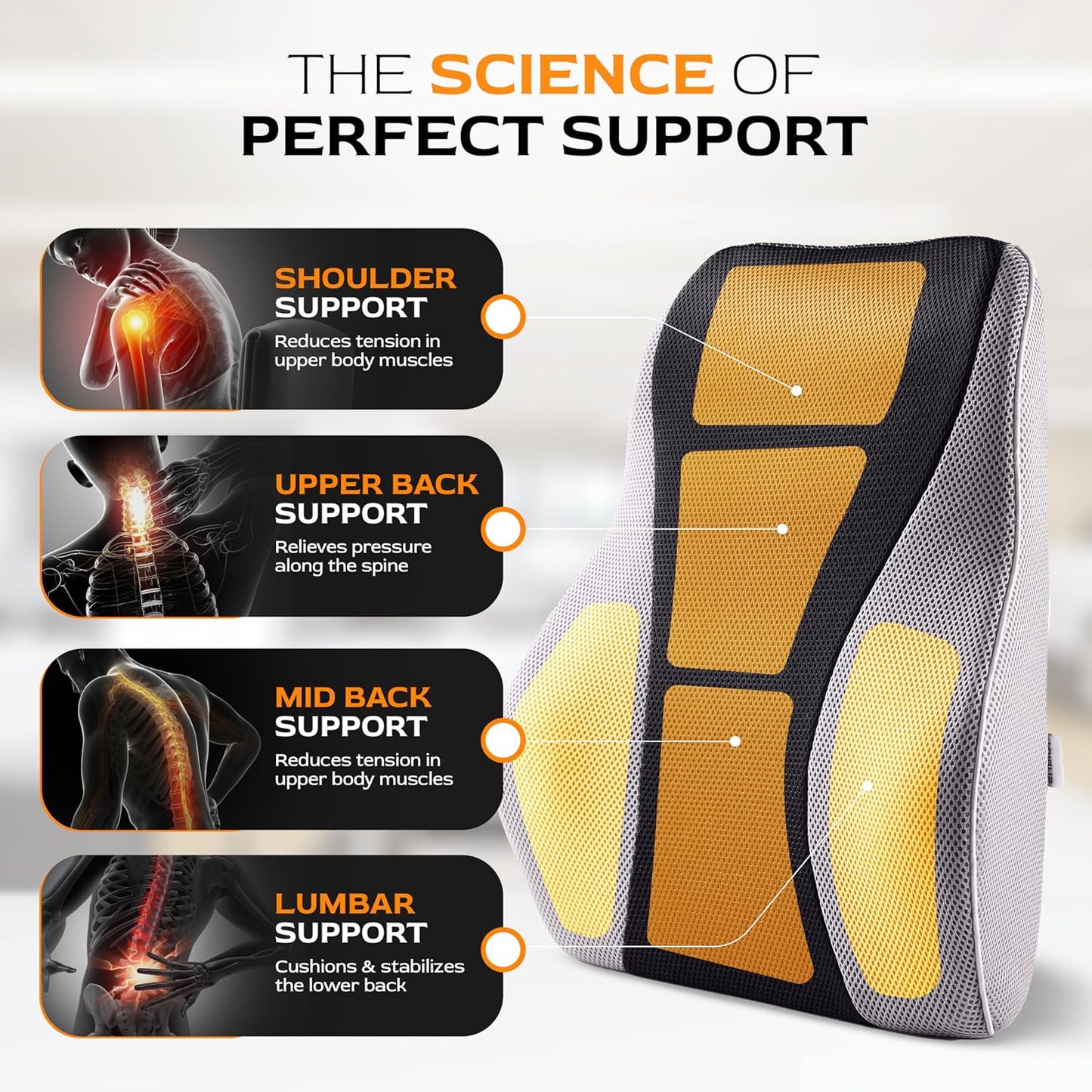 Extra Dense Lumbar Pillow with Double Adjustable Straps - Ergonomic Lumbar Support Pillow for Office Chair, Car, Couch Firm Back Support for Lower Back & Spine Pain Relief Memory Foam Cushion