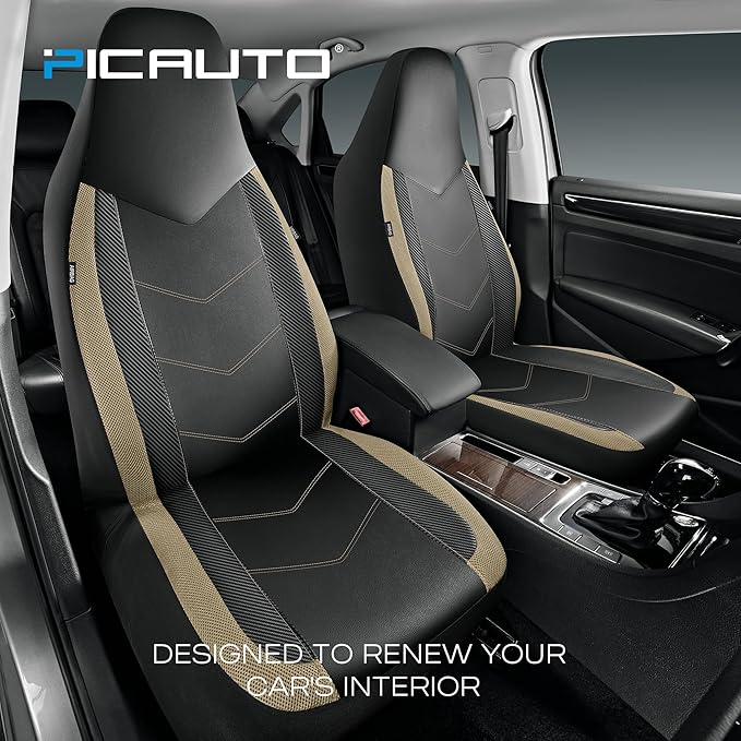 PIC AUTO Leather Car Seat Covers, Sports Carbon Fiber & Mesh Design, High-Back Full Set, Waterproof Automotive Seat Covers, Airbag Compatible, Universal Fit for Cars, SUVs, Trucks (Black & Beige)