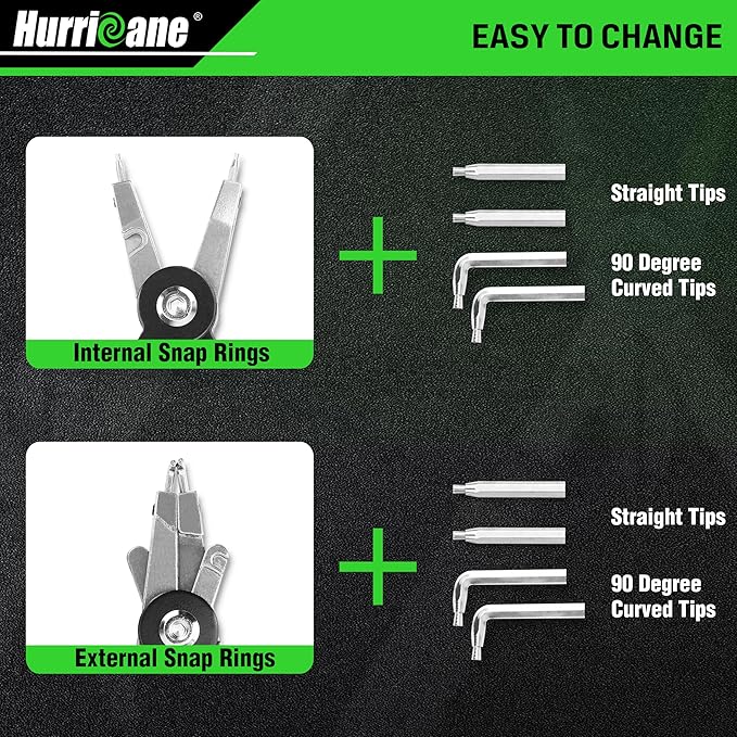 HURRICANE 8" Quick Turn Snap Ring Pliers with Interchangeable Tips, Straight and 90° Curved Tips, HRC40-45 Hardness, Includes 4 Pairs of Tips for Precision Work, Ideal for Car Repair & Construction