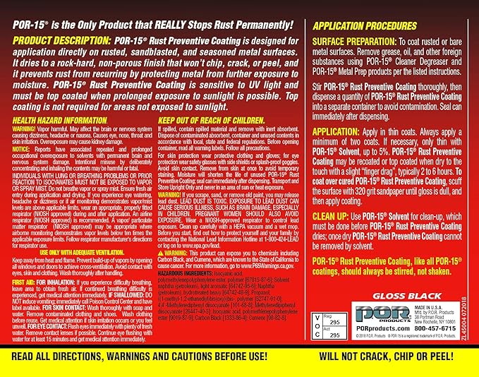 POR-15 Rust Preventive Coating, Stop Rust and Corrosion Permanently, Anti-rust, Non-porous Protective Barrier, 32 Fluid Ounces, Gloss Black