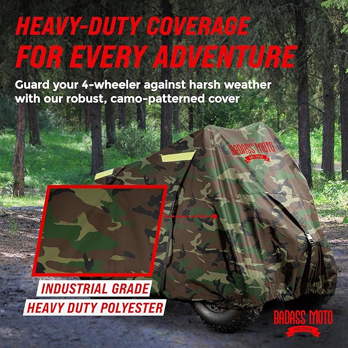Badass Moto ATV Covers - Waterproof Heavy Duty, 4 Wheeler Quad Cover - Rip-Resistant, Night-Reflective - Camo Large 95" Long