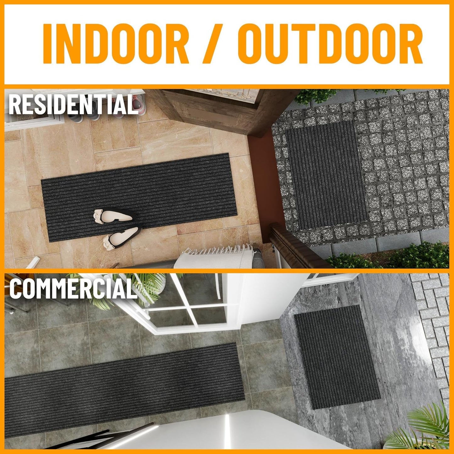 Ottomanson 2' x 49' Hallway Runner with Scraper Pile Extra Durable Non-Slip Rug Mat for Indoor & Outdoor Use - Ideal for Kitchen, Entryway, Patio & Garage - High-Traffic Carpet, Black