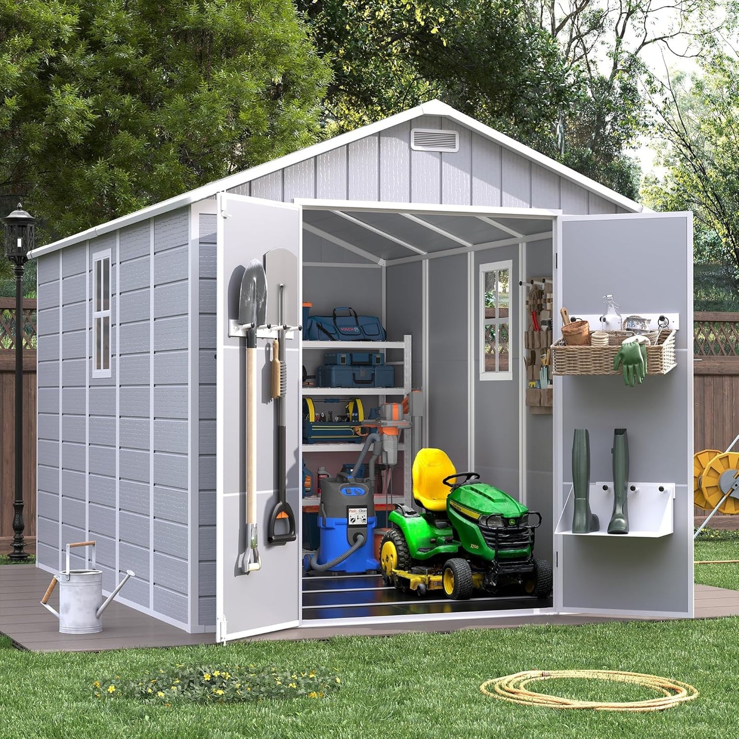 Resin Outdoor Storage Shed with Floor, 8x10.5 FT Plastic Garden Shed with Lockable Door & Window for Bike, Garbage Can, Lawn Mower, Grey White