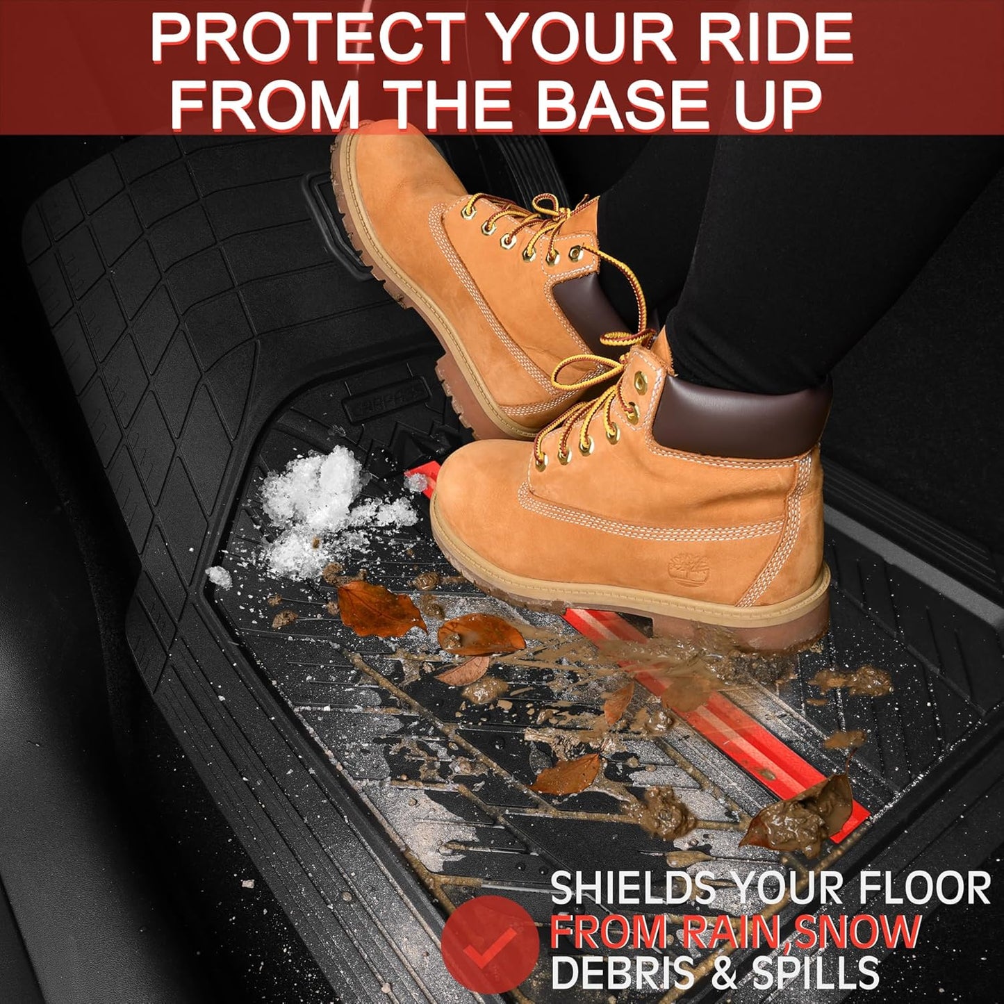 CAR PASS Metal Medium Rubber Floor Mats for car Heavy Duty car mats All Weather, Universal Trim to Fit for Truck SUV Vehicle Automotive Floor Mats, Waterproof car mats 4 Piece (Red Black)