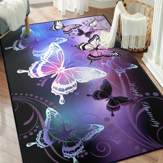 Beautiful Butterfly Fantasy Rug for Playroom Girls Bedroom Colorful Rainbow Butterfly Decor Area Carpet 59"x39" Purple Mat 3D Printed Non-Slip Washable
