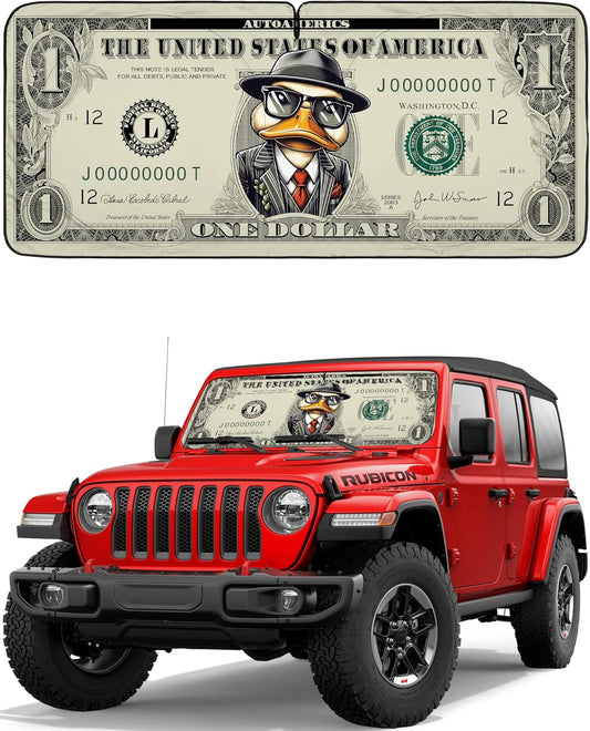 Autoamerics JeepWrangler Dollar Duck 1-Piece Windshield Sun Shade Foldable Car Front Window Sunshade - Best Heat Shield Reflector Cover - Blocks Max UV Rays & Keeps Your Vehicle Cool