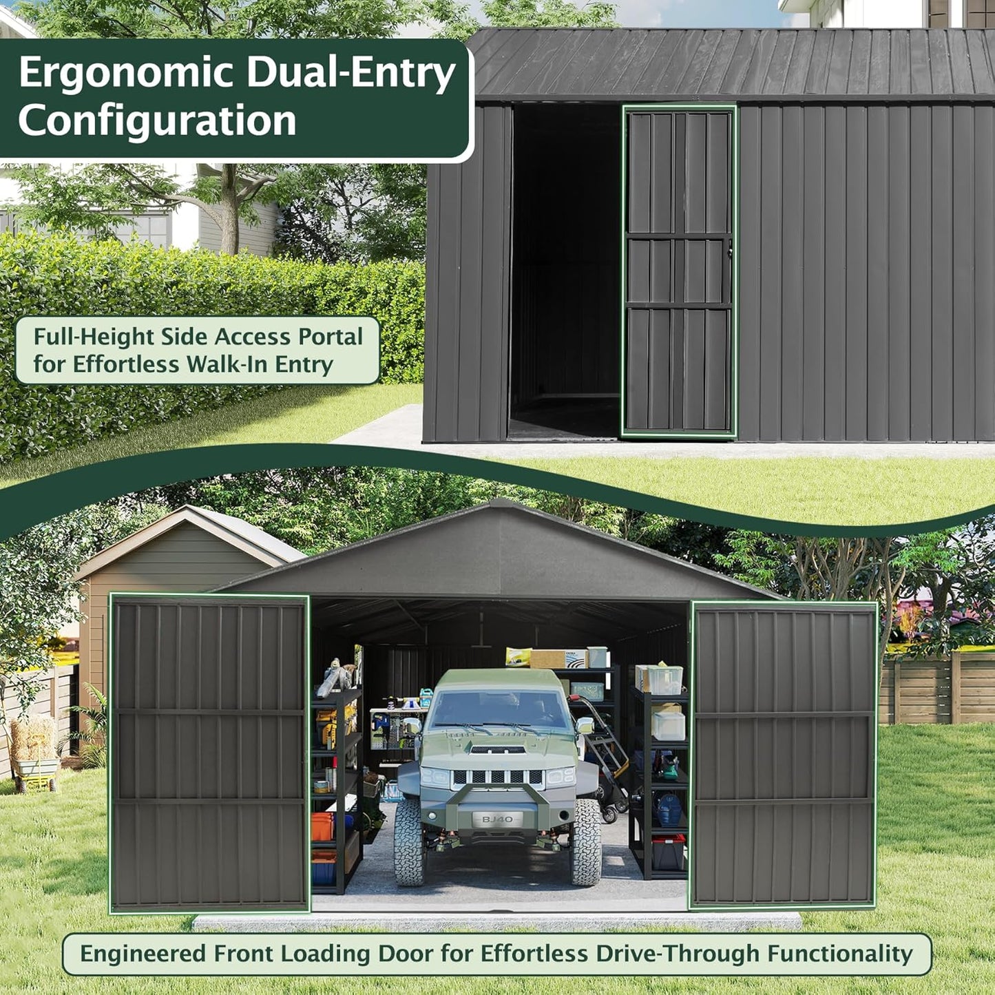 Domi 12’x20’ Outdoor Metal Garage Shed, All Weather Enclosed Carport with Sidewalls & 2 Lockable Doors, Extra Large Backyard Storage Shed for Car, Truck, Lawn Mower, 80MPH Wind Resistance, Dark Grey