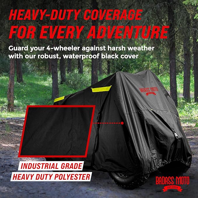 Badass Moto Ultimate ATV Cover Waterproof Outdoor Heavy Duty Storage. Durable 4 Wheeler Covers All Weather Rain Sun Snow. Four Wheelers Accessories Fits Polaris Honda CF Moto Quad No-Zipper Large 96”