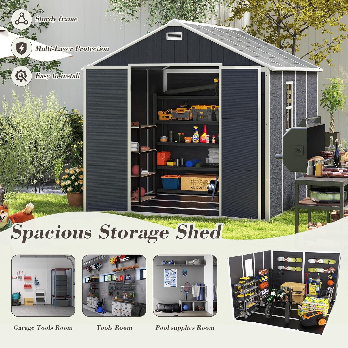 MyVoice 8x8 FT Outdoor Resin Storage Shed with HD Window, Rustproof Waterproof Garden Tool Shed, 12mm Thickened PP Panels, Large Capacity Outdoor Utility House for Backyard Patio (with Floor)