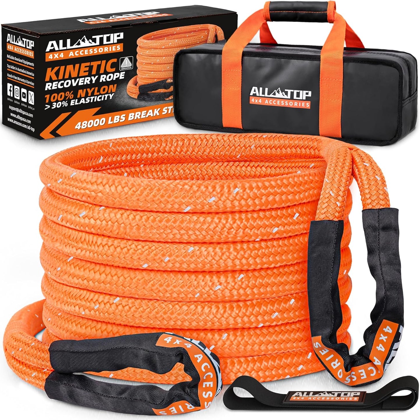 ALL-TOP Kinetic Recovery Rope (Reflective) 48000Lbs, 1in x 30ft, Heavy Duty 30+% Elasticity, 16000Lbs Work Load Limit for 4x4 Offroad