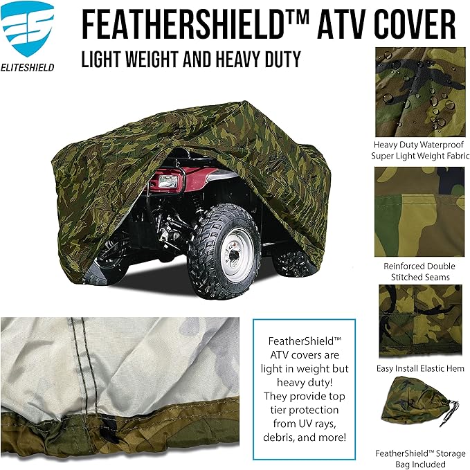 EliteShield Lightweight ATV Cover, Weatherproof Quad Cover, Water and Wind Resistant Four Wheeler Cover for Polaris Kawasaki Yamaha Suzuki Honda Arctic Cat Can-Am, Camo Color fits up to 80" Long