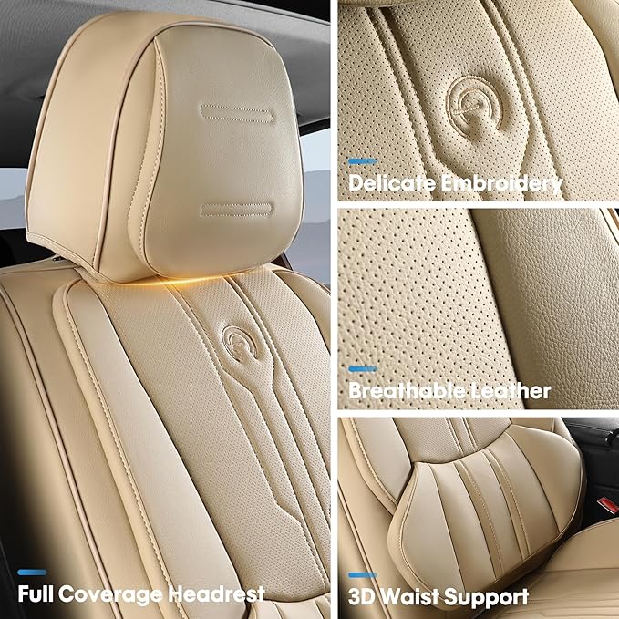 AOOG Car Seat Covers Custom Fit for Ford F150 2009-2026, Faux Leather Seat Cover Set for 2017-2026 F250 F350 F450, Accomodating Regular Cab Super Cab Super Crew Pickup Truck Cushions(Beige, Full Set)