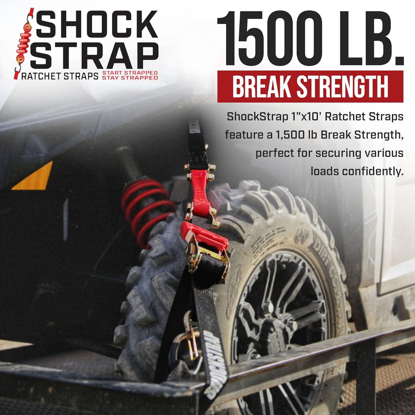 Ratchet Strap, 10' x 1" Shock Absorbing Heavy Duty Tie Downs for Cargo, 500 LB WLL / 1,500 LB Break Strength, 2-Pack