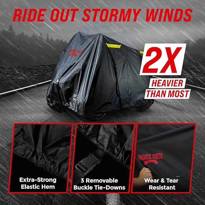 Badass Moto ATV Covers Waterproof Outdoor Heavy Duty, Rip-Resistant, Night-Reflective Quad Cover, 4 Wheeler Cover, Easy-Access Zipper & Vents Four Wheeler Accessories - ATV Gifts, Large 95 Long