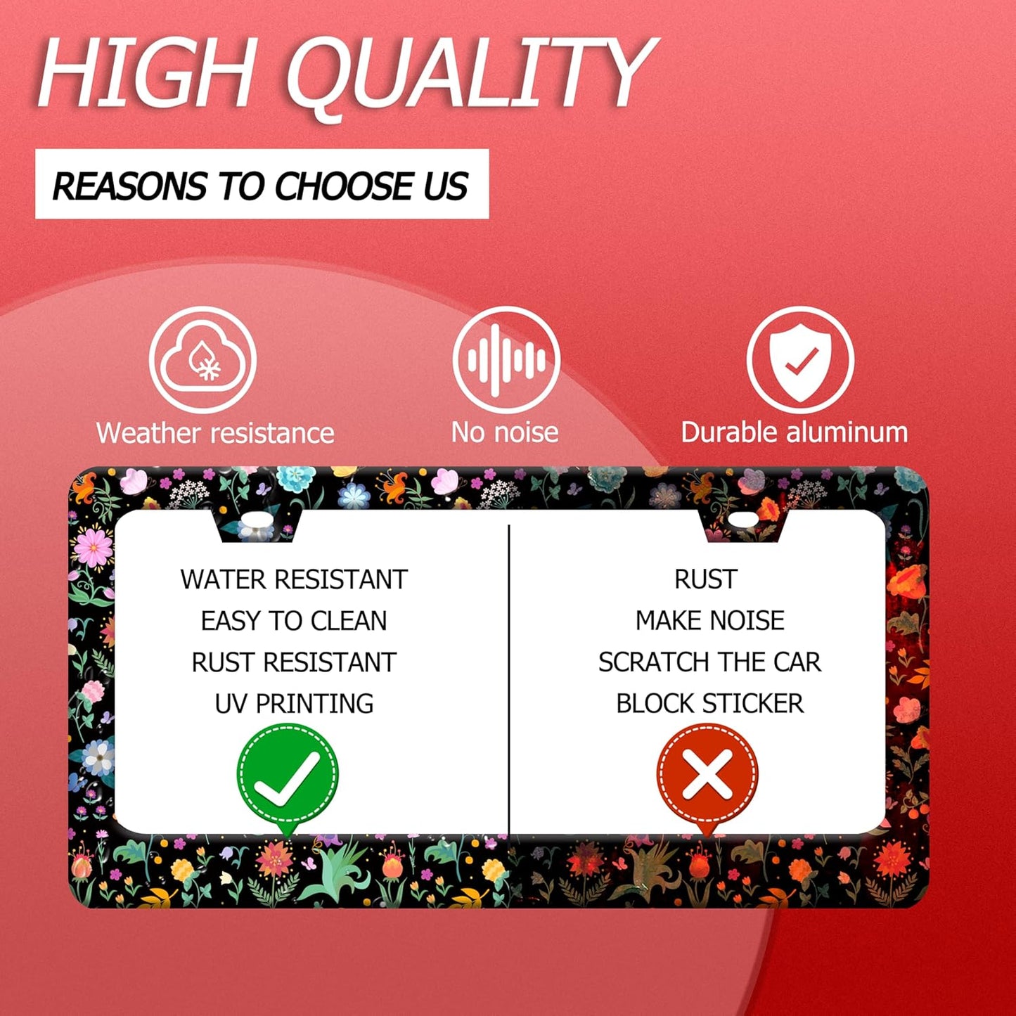 Colorful Flowers License Plate Frame Folk Art Floral License Plate Holder Funny Stainless Steel Accessories Cars Decor with 2 Holes and Screws Fits Standard Us Ca Vehicles 12.2 X 6 Inch