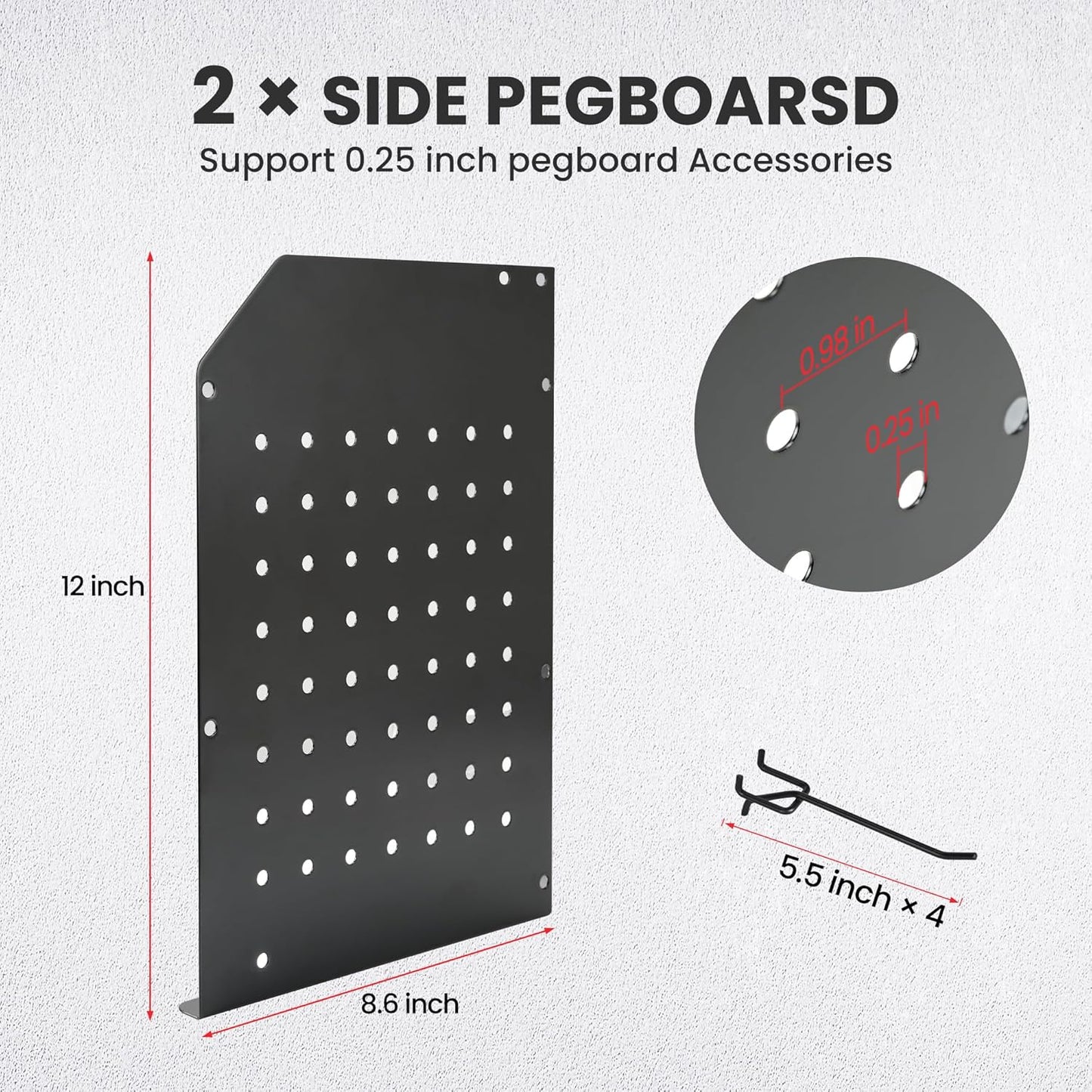 TRZZ 2-in-1 Power Tool Organizer Wall Mount, 3-Layer Drill Holder with 2 Side Pegboards, 8 Drill Holders, 4 Hooks, and 1 Drill Bit Rack, Tool Storage for Garage, Workshop, and Tool Room (Black)