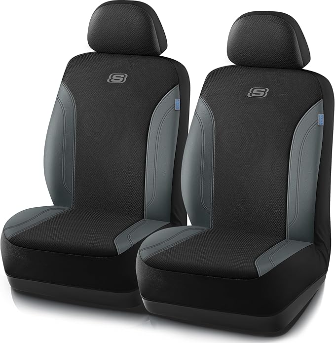 Skechers Car Seat Covers, Work Leather Seat Covers 5-Times Stronger Built-in Webbing, Oxford Fabric Front Seat Covers, Airbag Compatible, Automotive Comfort for Cars, Trucks, SUVs,Grey