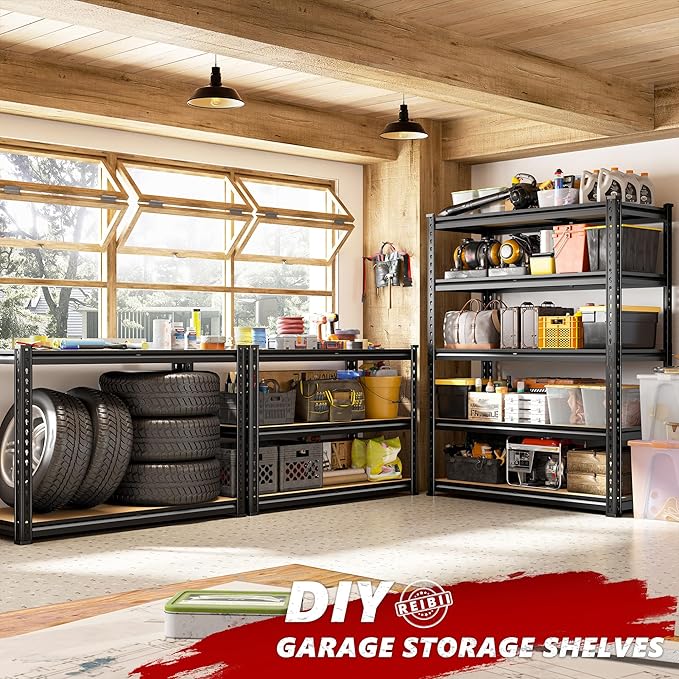 REIBII 2020LBS Storage Shelves 5 Tier Garage Shelving Heavy Duty Adjustable Garage Shelves, Utility Rack Shelf, Shelving Units for Storage Warehouse Pantry Closet, 35.5" W x 11.9" D x 72" H, Black