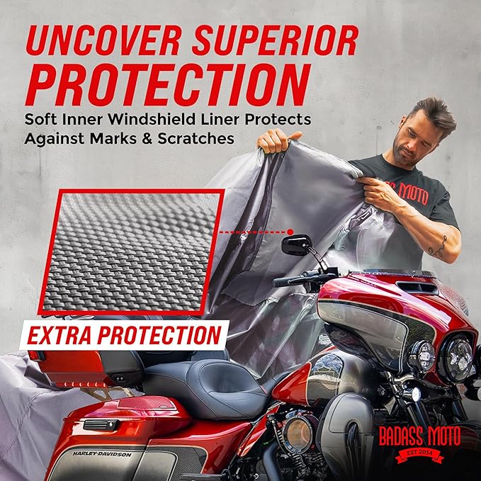 Badass Moto - Extra Large Motorcycle Cover Waterproof Outdoor, Heavy Duty Motorcycle Cover for Harley Davidson Night Reflective Motorcycle Covers (108” Full Dressers, Tourers) Light Gray, X-Large