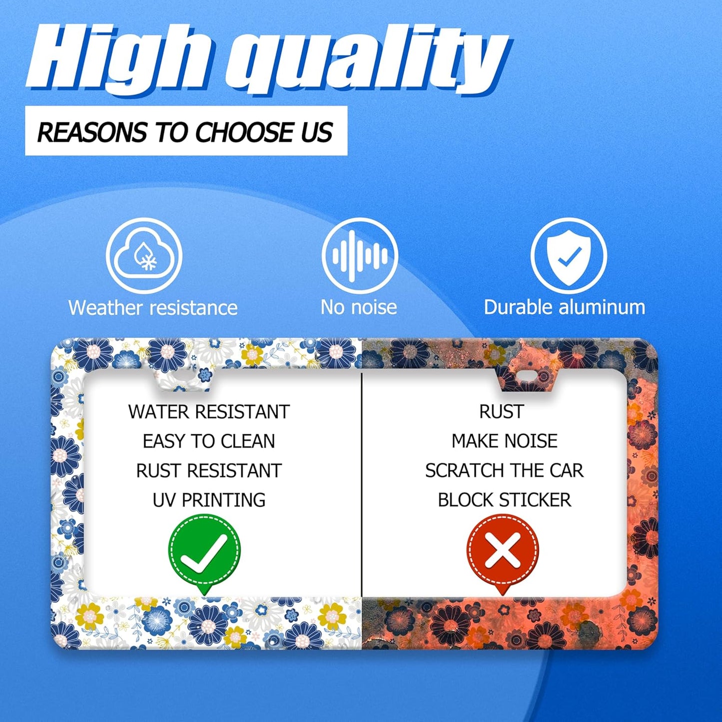 White Blue Hippie Flowers License Plate Frame Colorful Floral License Plate Holder Funny Car Accessory Decoration 12.3"x6.3" for Women