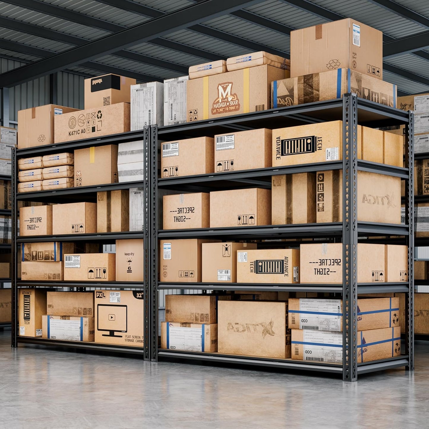 48"W Garage Shelving, 2650LBS Storage Shelves heavy duty, 5 Tier Metal Shelving Unit Adjustable Garage Shelves Heavy Duty Shelving for Warehouse,Commercial, Kitchen, 48" W × 24" D × 72" H, Black，2PCS