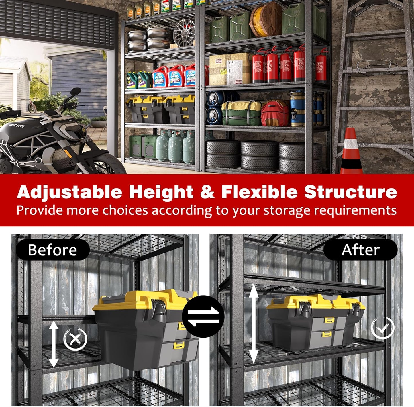 MUPATER 48.43" W x 23.98" D x 72.05" H Metal Storage Shelves, 5 Tier Shelves and Adjustable Shelves, Garage Shelving Unit, Standing Utility Shelf Racks for Garage Warehouse Kitchen