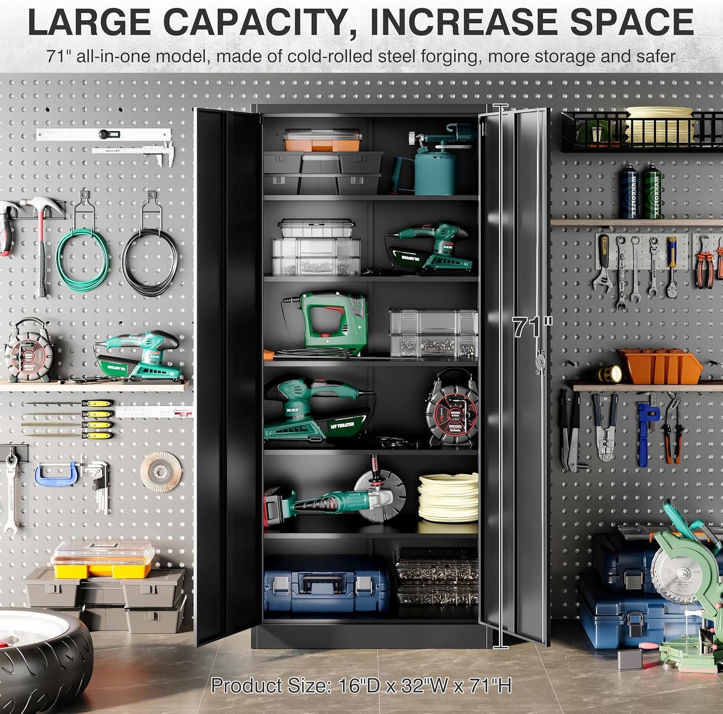 SISESOL Metal Storage Cabinet with 2 Doors and 6 Shelves,71" Lockable Garage Storage Cabinet,Black Metal Cabinets with Lock,Locking Steel Cabinets for Home,Office,Garage,Shop,School