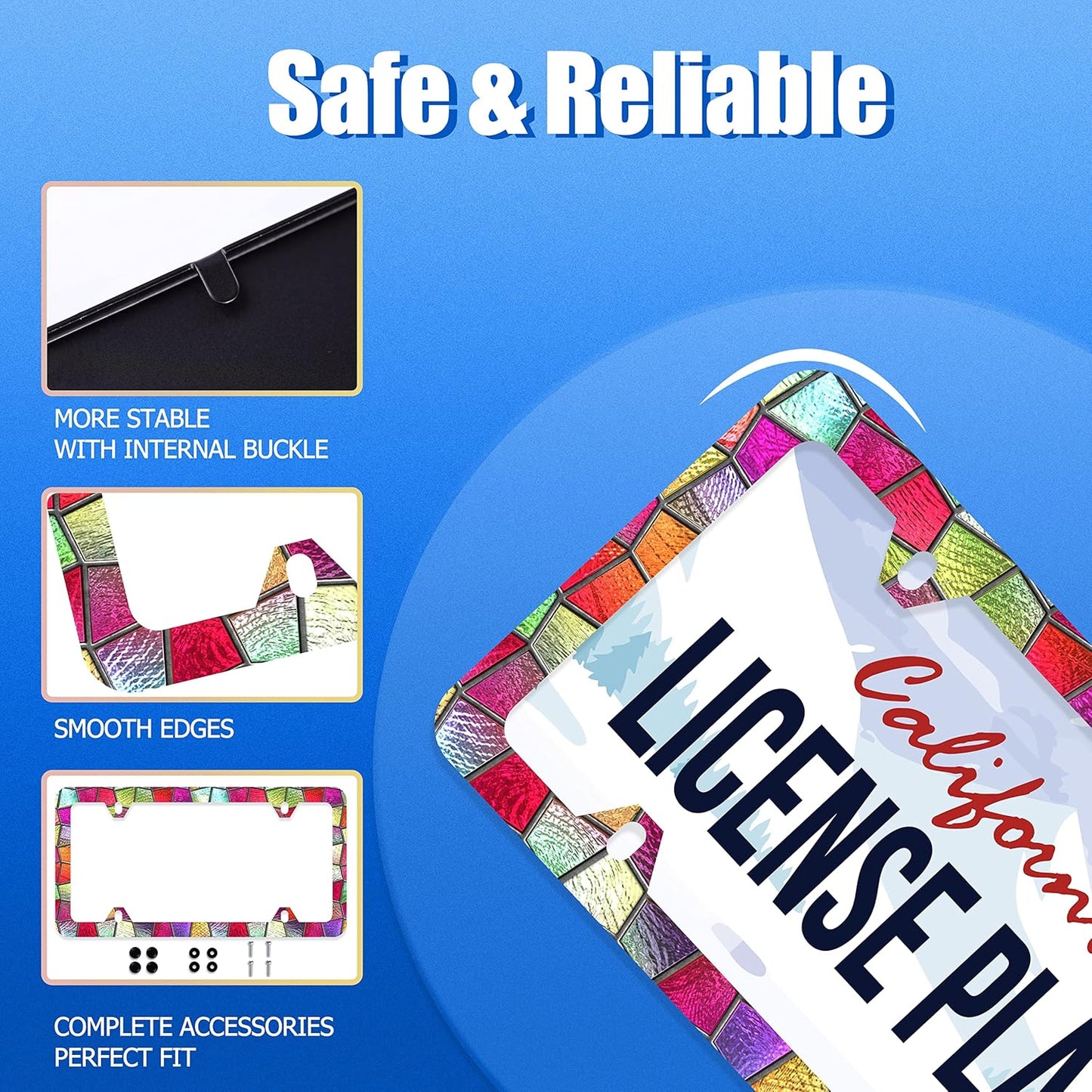 Pretty Cut Glass License Plate Frame Colorful License Plate Stainless Steel Parts Funny License Plate Decorative with Screws Size 12.3" x 6.3" Men Women